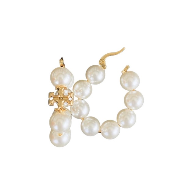NEW Tory Burch Kira Faux Pearl Hoop Earrings - Picture 4 of 5